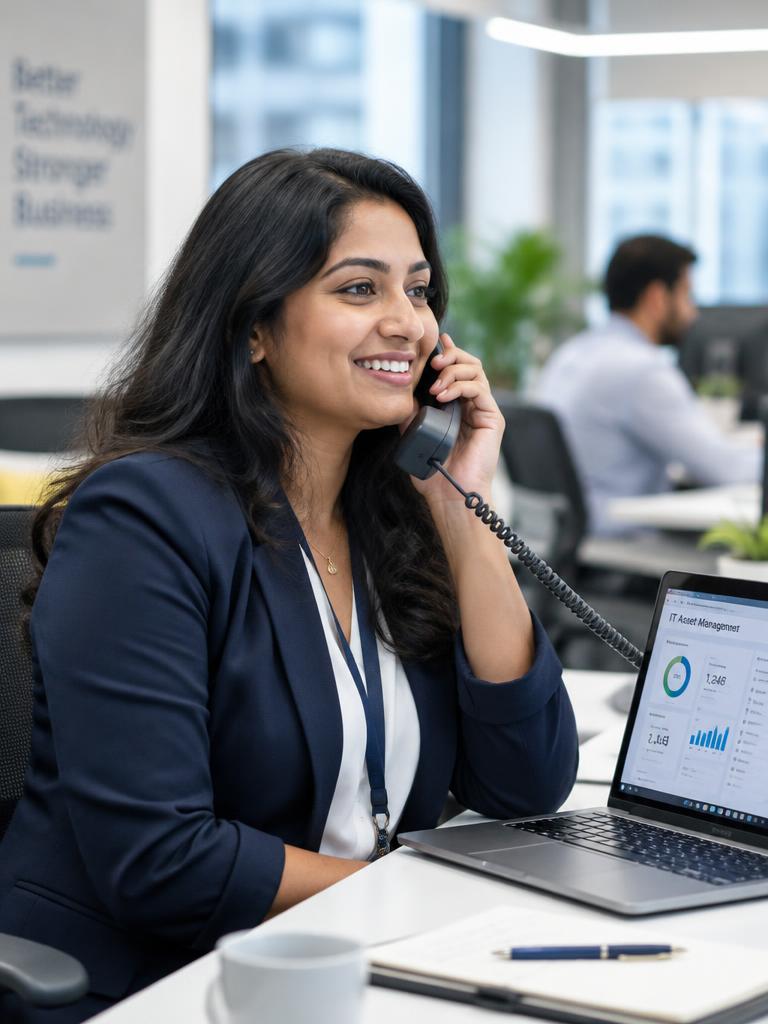 ITAM consultant advising a client by phone in a modern office