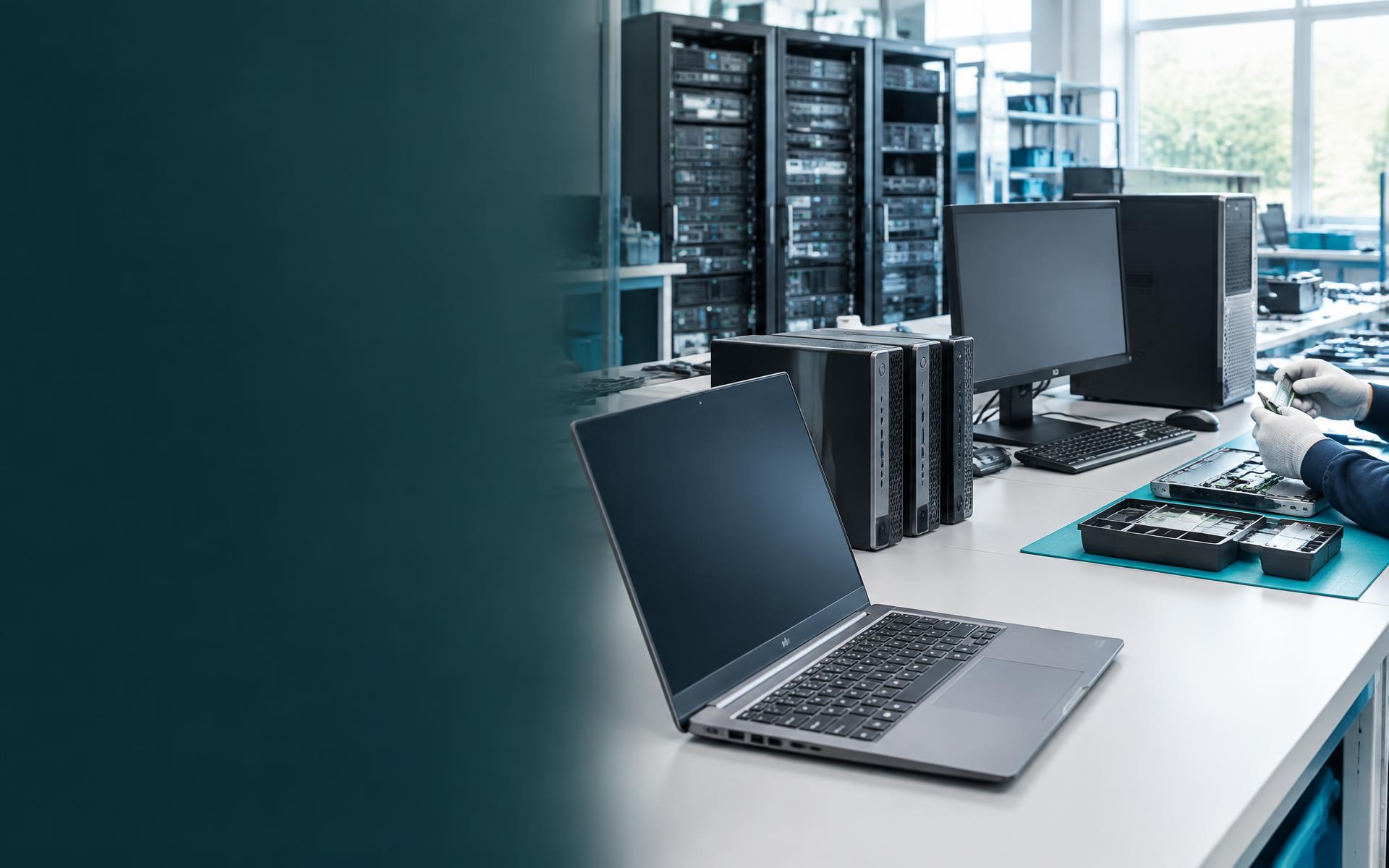 Laptops, desktops and server equipment in an IT refurbishment facility