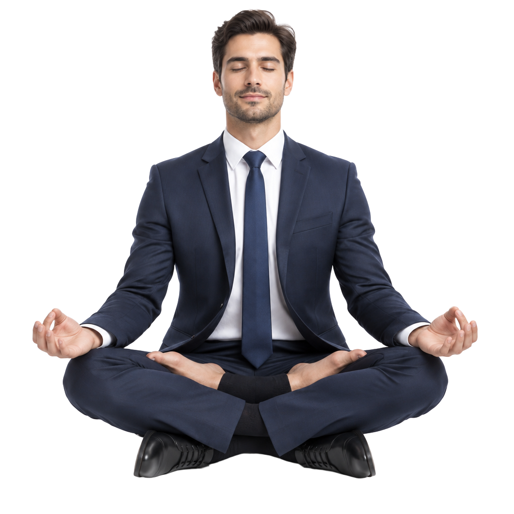 Corporate executive in a blazer suit seated in padmasana
