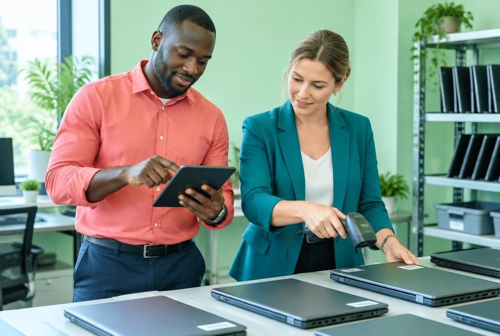 Illustrative multicultural IT professionals scanning and recording laptop assets