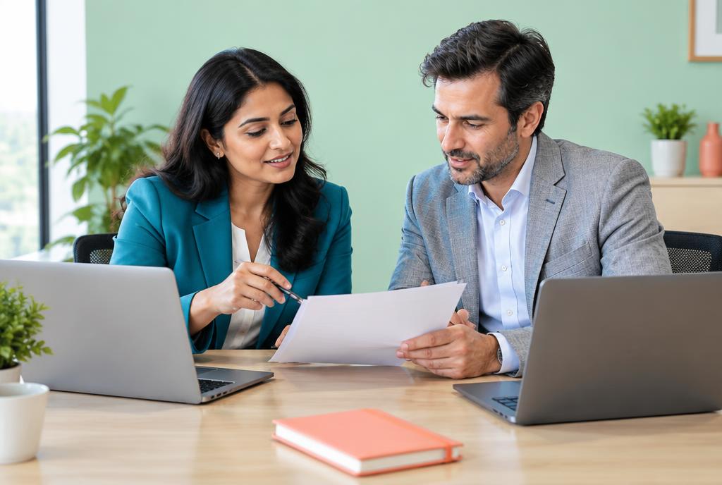 Illustrative professionals comparing laptop procurement proposals