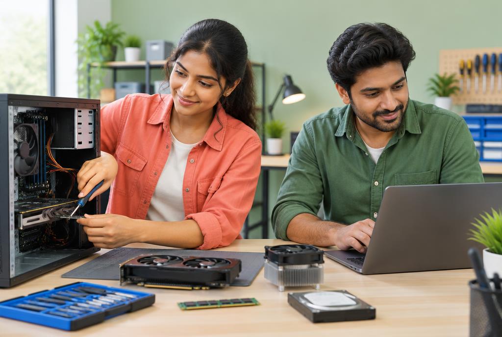 Illustrative engineers repairing a workstation and checking a laptop