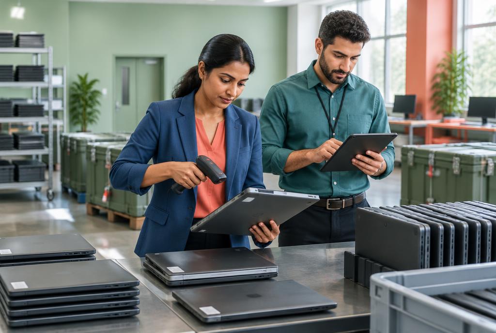 Illustrative IT professionals reconciling retired laptops