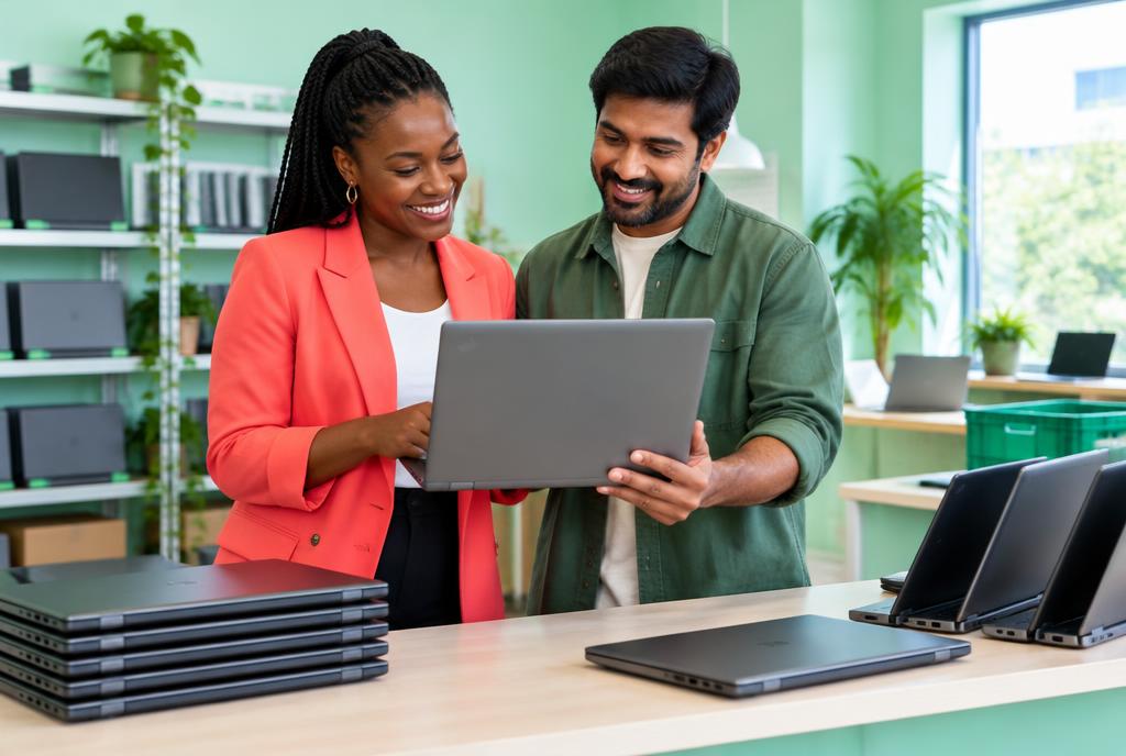 Illustrative professionals inspecting a second-life business laptop